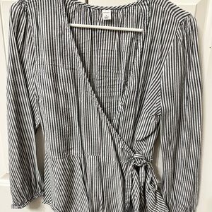 Old Navy Black and White Striped Wrap Blouse